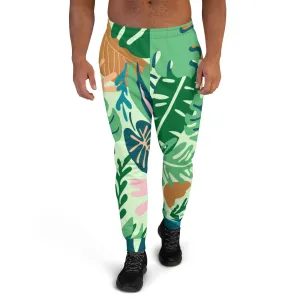 Green Tropical Leaves Men's Joggers, Tropical Leaves Print Designer Slim-Fit Ultra Soft Comfy Men's Pants - Made in USA/EU/MX