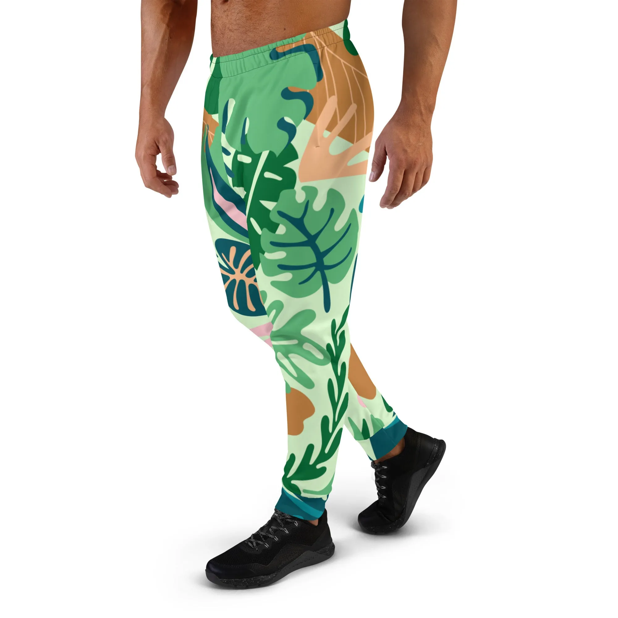 Green Tropical Leaves Men's Joggers, Tropical Leaves Print Designer Slim-Fit Ultra Soft Comfy Men's Pants - Made in USA/EU/MX