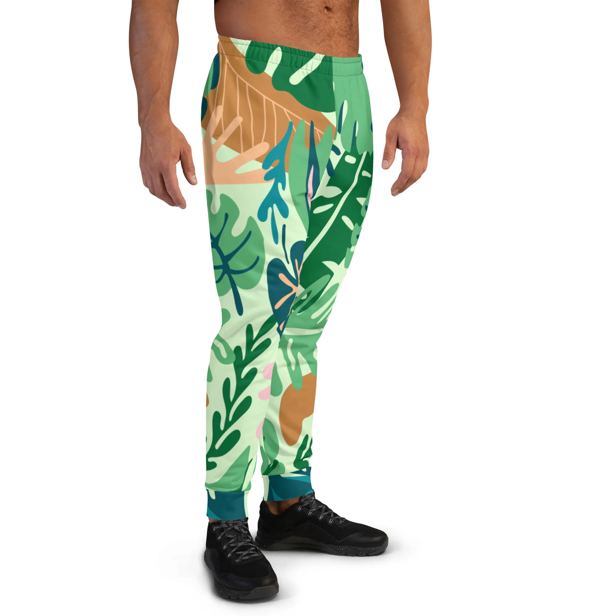 Green Tropical Leaves Men's Joggers, Tropical Leaves Print Designer Slim-Fit Ultra Soft Comfy Men's Pants - Made in USA/EU/MX