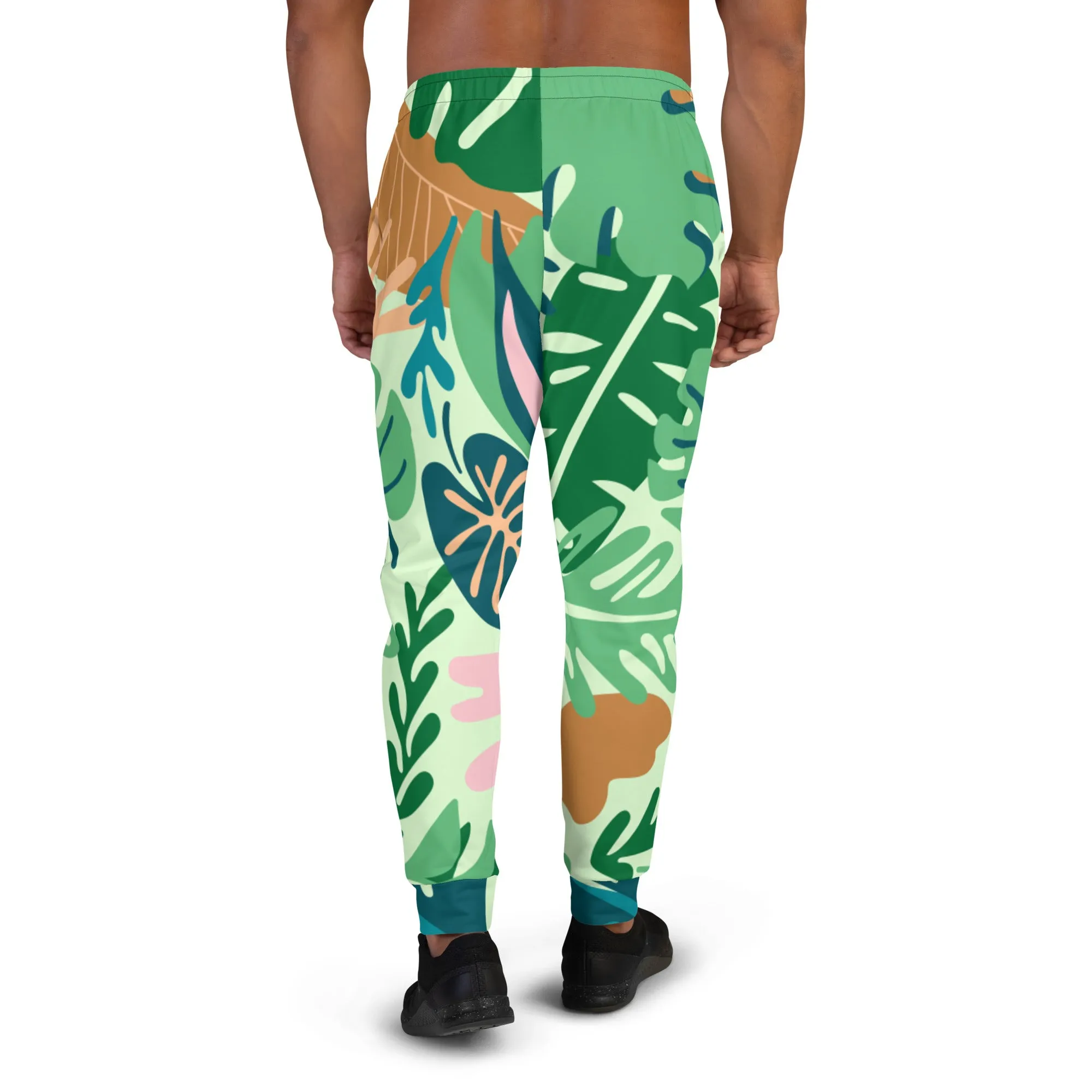 Green Tropical Leaves Men's Joggers, Tropical Leaves Print Designer Slim-Fit Ultra Soft Comfy Men's Pants - Made in USA/EU/MX