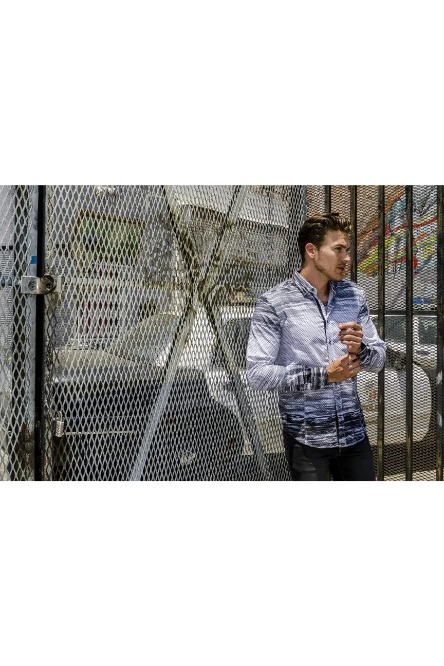 Grey Button Down Print Shirt W/Paisley Trim