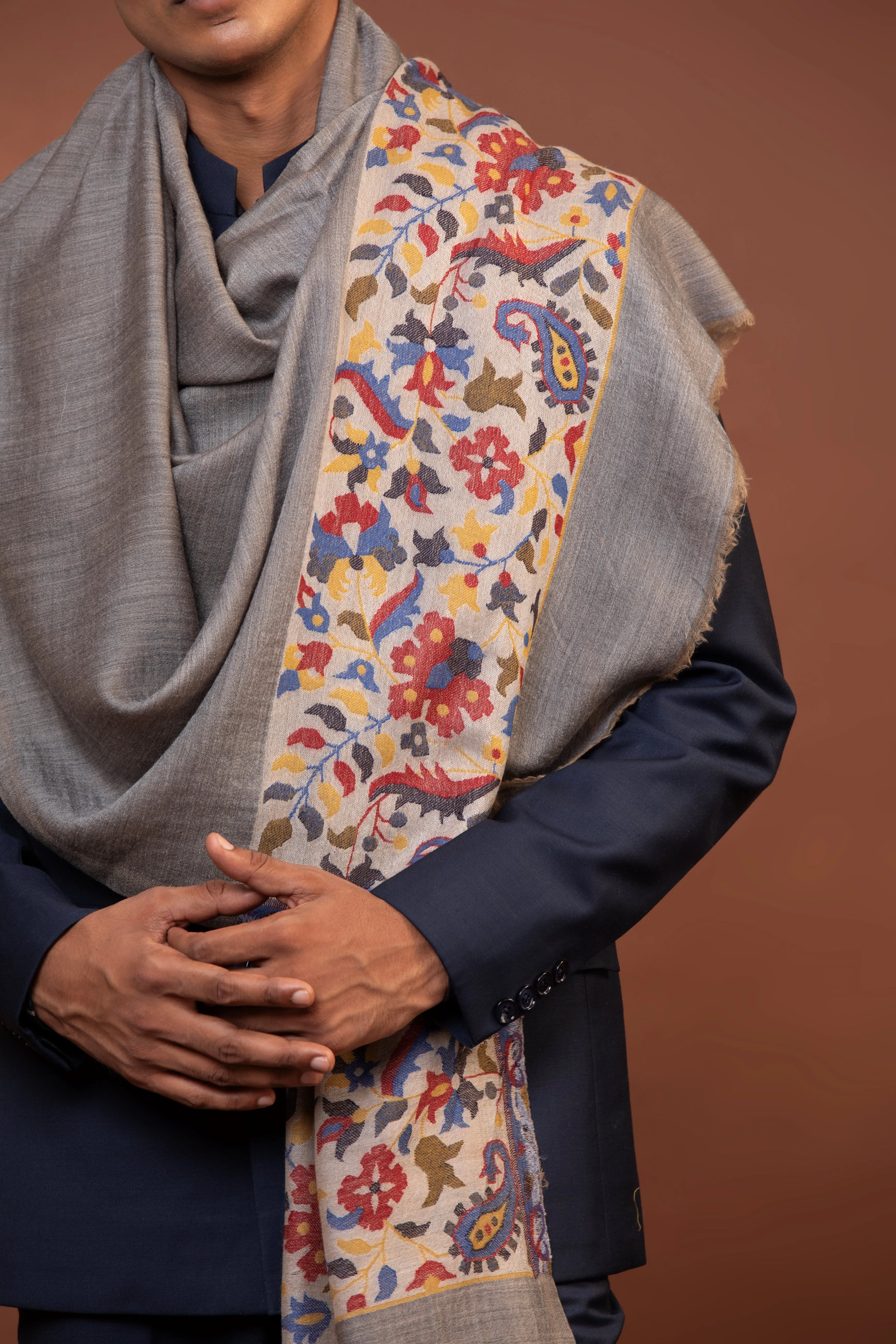 Grey Fine Wool Embroidered Shawl for Men with Kani Detailing