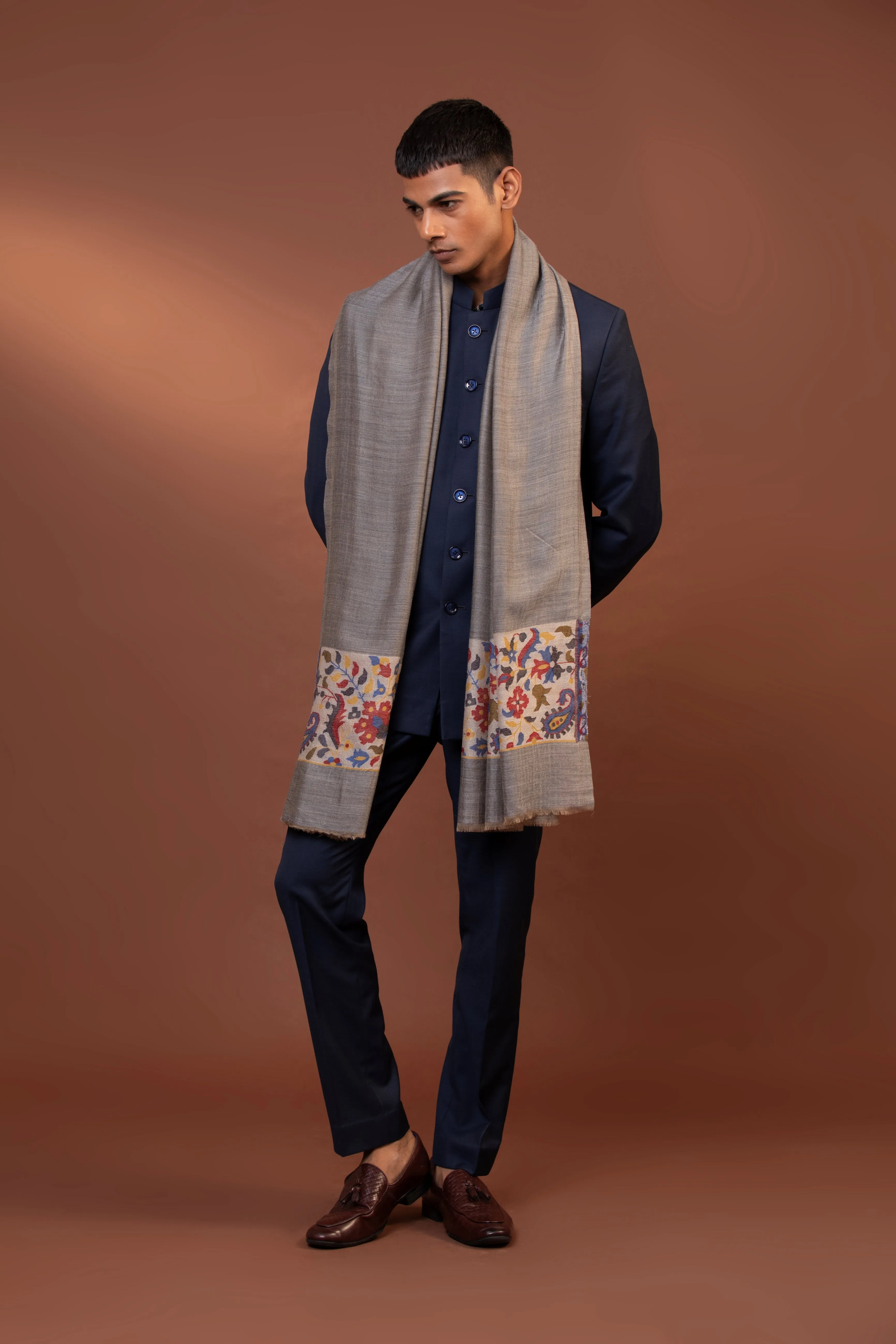 Grey Fine Wool Embroidered Shawl for Men with Kani Detailing