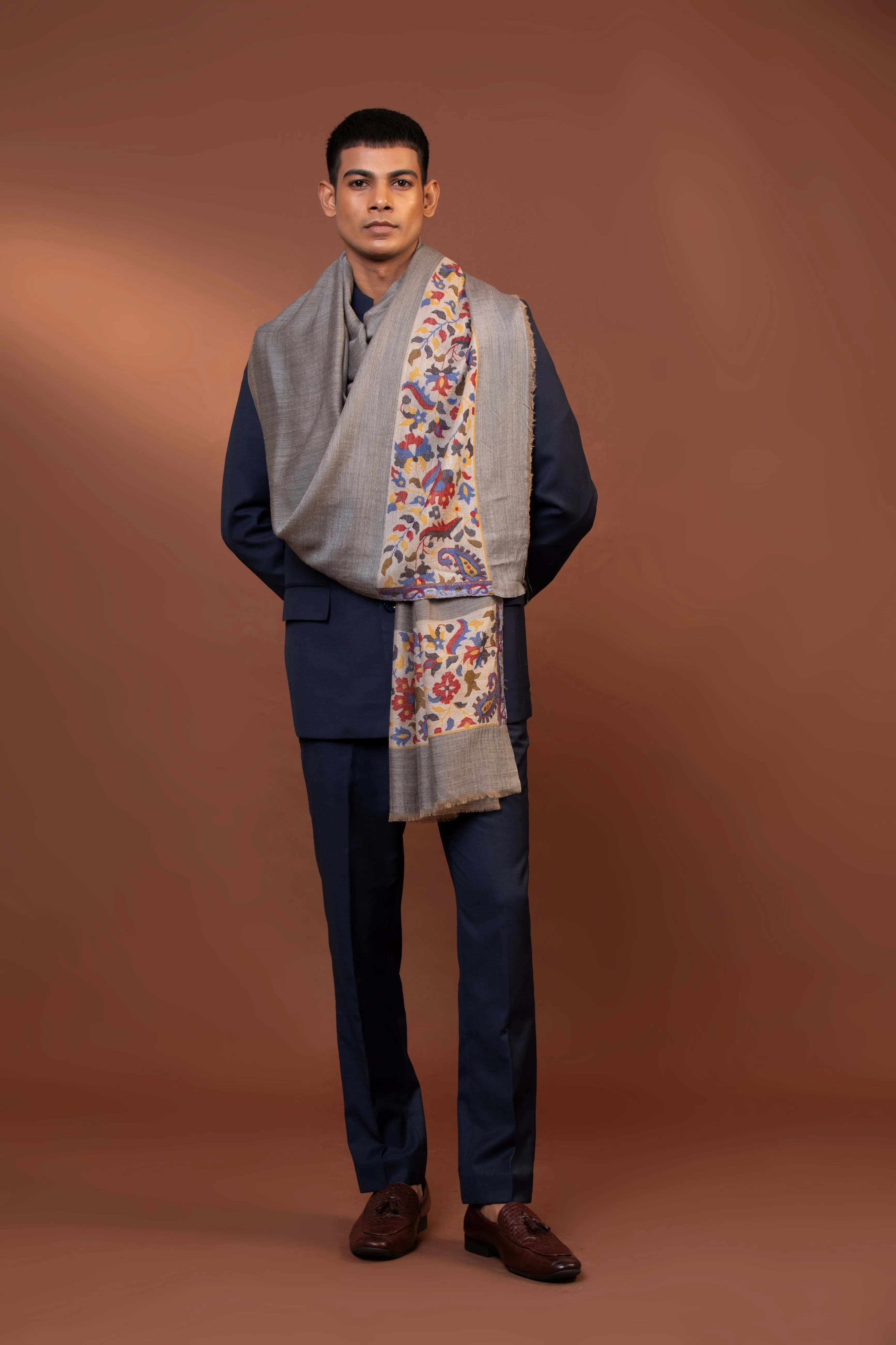 Grey Fine Wool Embroidered Shawl for Men with Kani Detailing