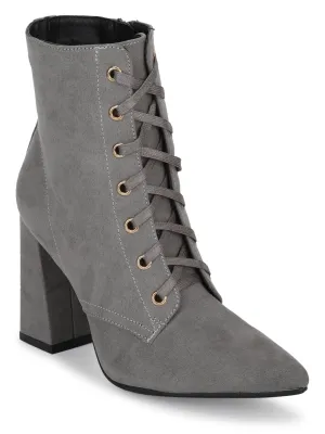 Grey Micro Pointed Toe Lace-Up Block Heel Ankle Boots