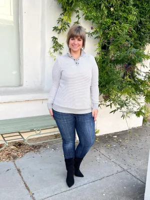 Grey Striped Button Neck Pullover