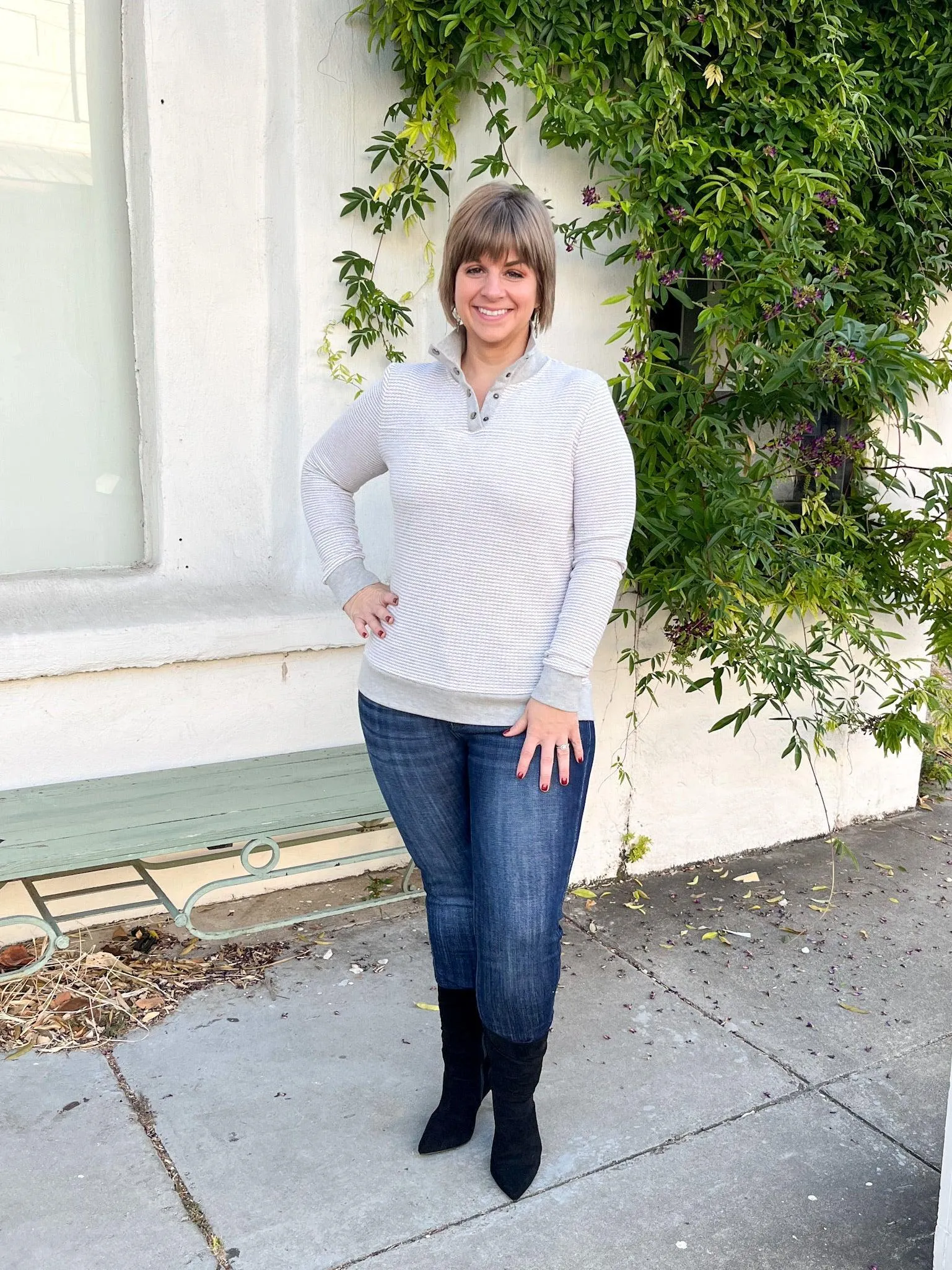 Grey Striped Button Neck Pullover