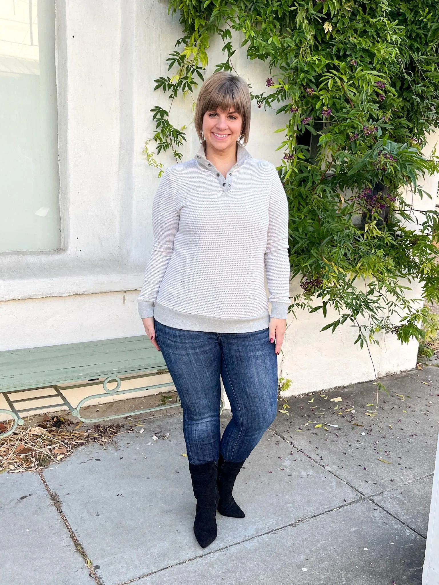 Grey Striped Button Neck Pullover