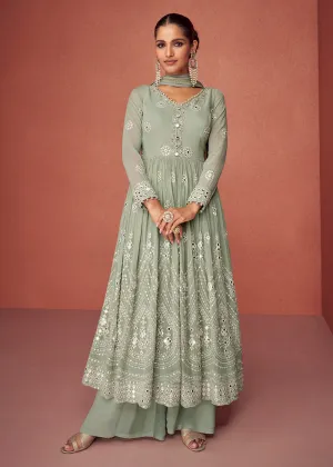 Greyish Green Anarkali Style Embroidered Palazzo Style Suit