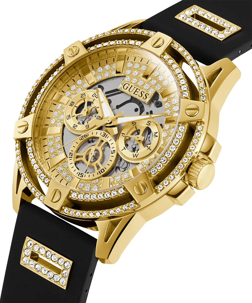 GUESS Mens Black Gold Tone Multi-function Watch