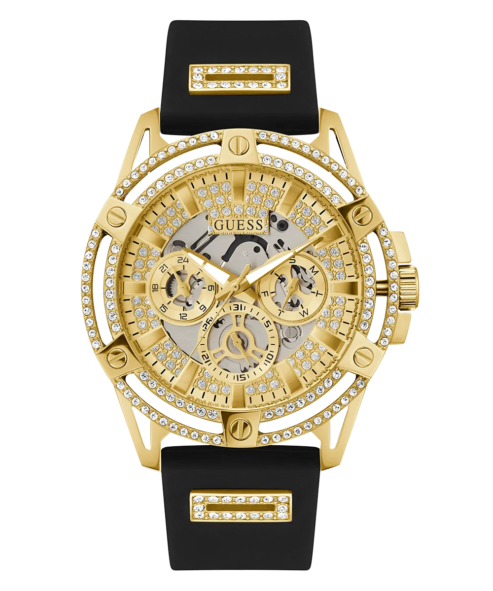 GUESS Mens Black Gold Tone Multi-function Watch
