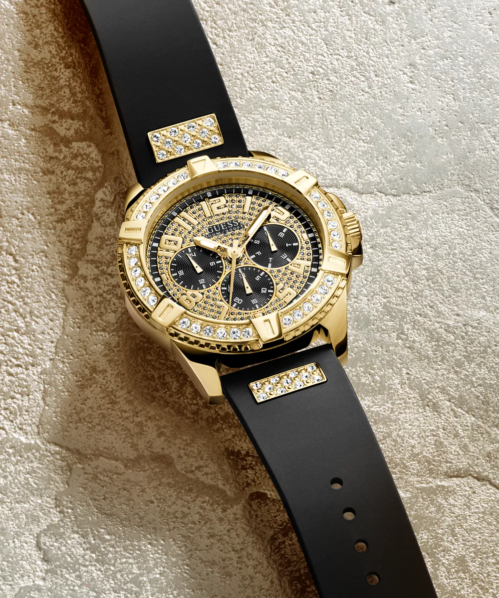 GUESS Mens Black Gold Tone Multi-function Watch