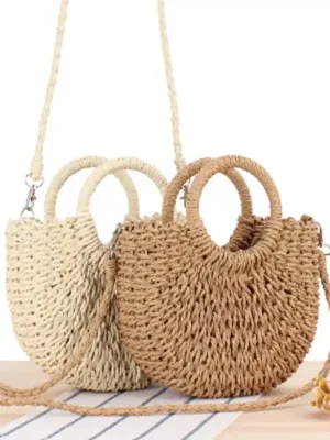 Half round straw woven bag beach hand woven bag holiday women’s bag