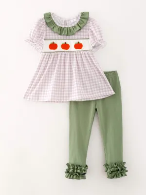 Halloween Girls Pumpkin Chenille patches Plaid Top   Pants Set