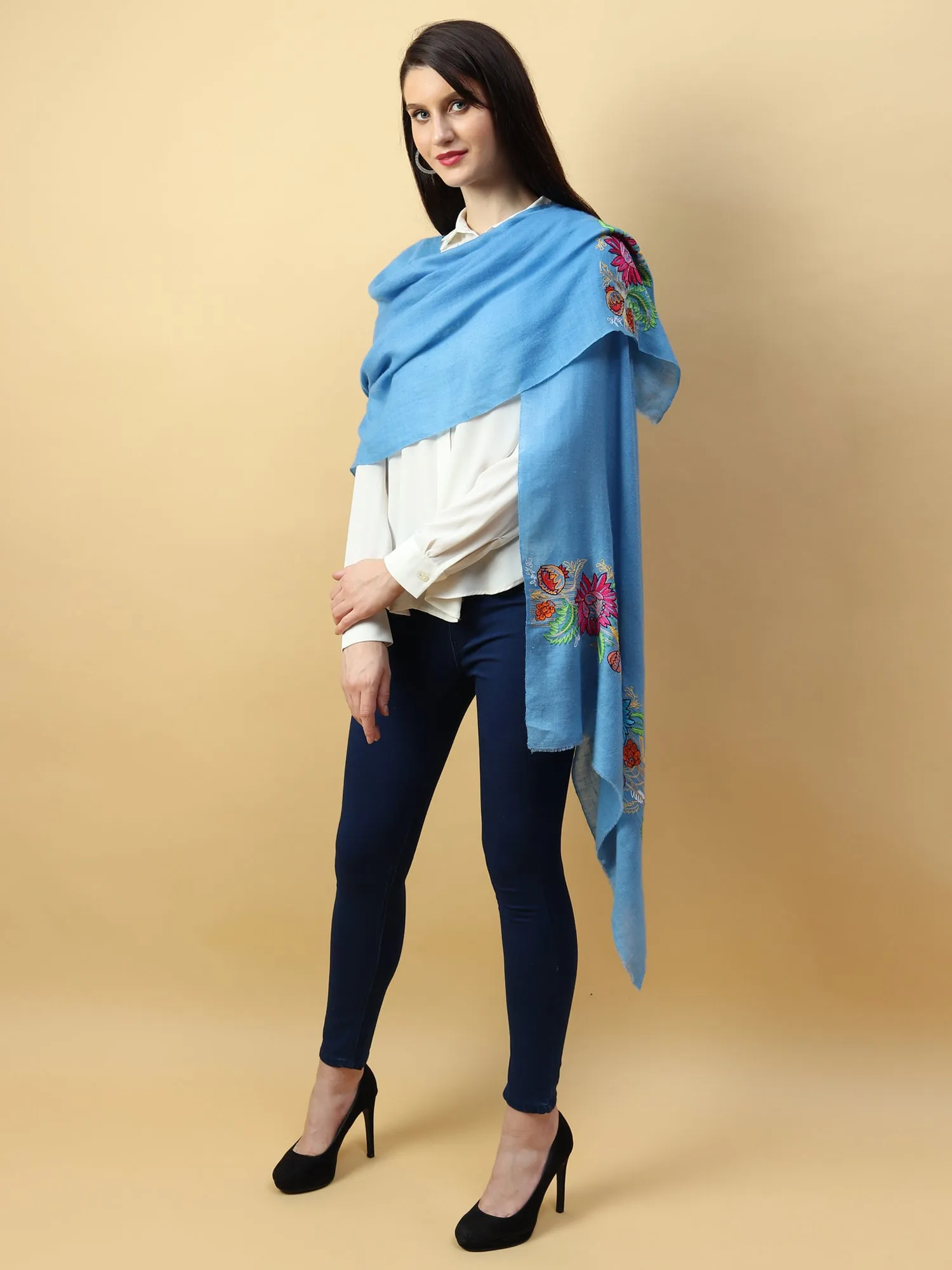 Hand Embroidered Pure Pashmina Blue Shawl