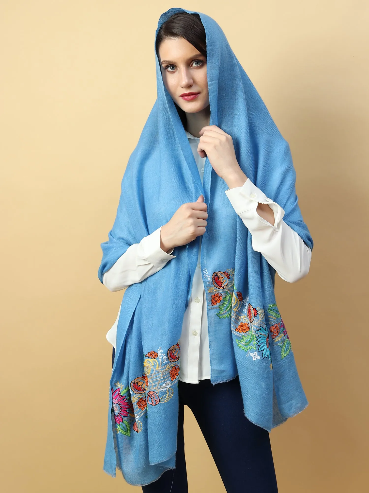 Hand Embroidered Pure Pashmina Blue Shawl