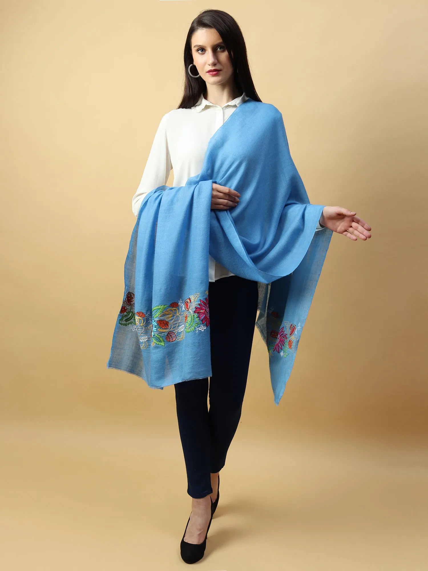 Hand Embroidered Pure Pashmina Blue Shawl