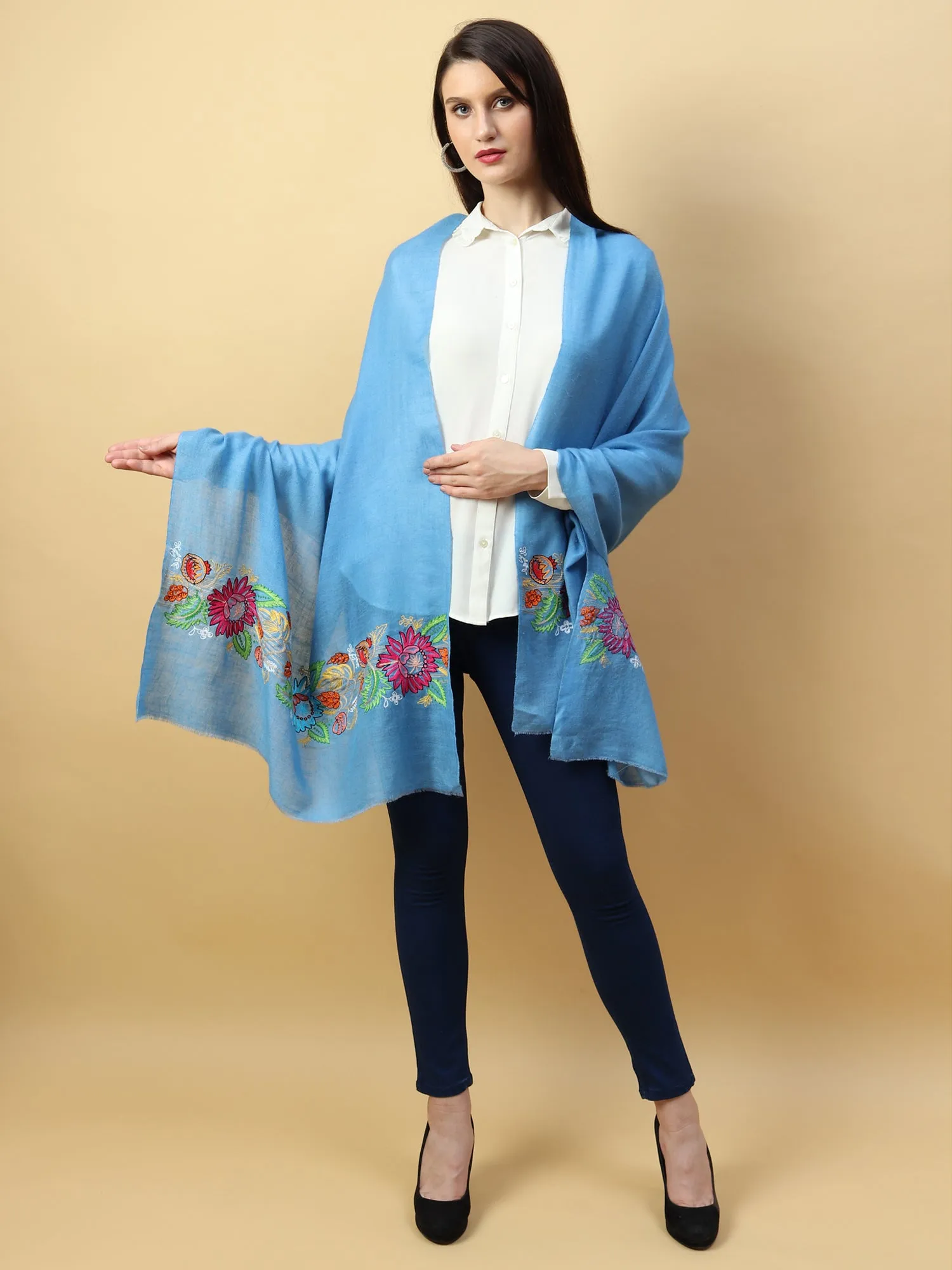 Hand Embroidered Pure Pashmina Blue Shawl