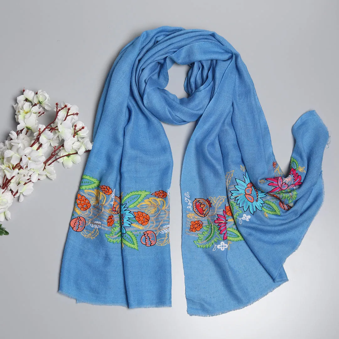 Hand Embroidered Pure Pashmina Blue Shawl