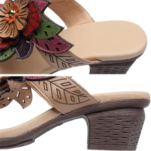 Hand-Made Etched Floral Multi-Color Tanned Leather Slides