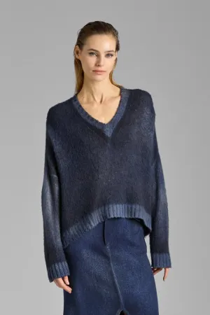 HAND PAINTED BRUSHED CROPPED V NECK OVERSIZE PULLOVER IN CASHMERE AND SILK