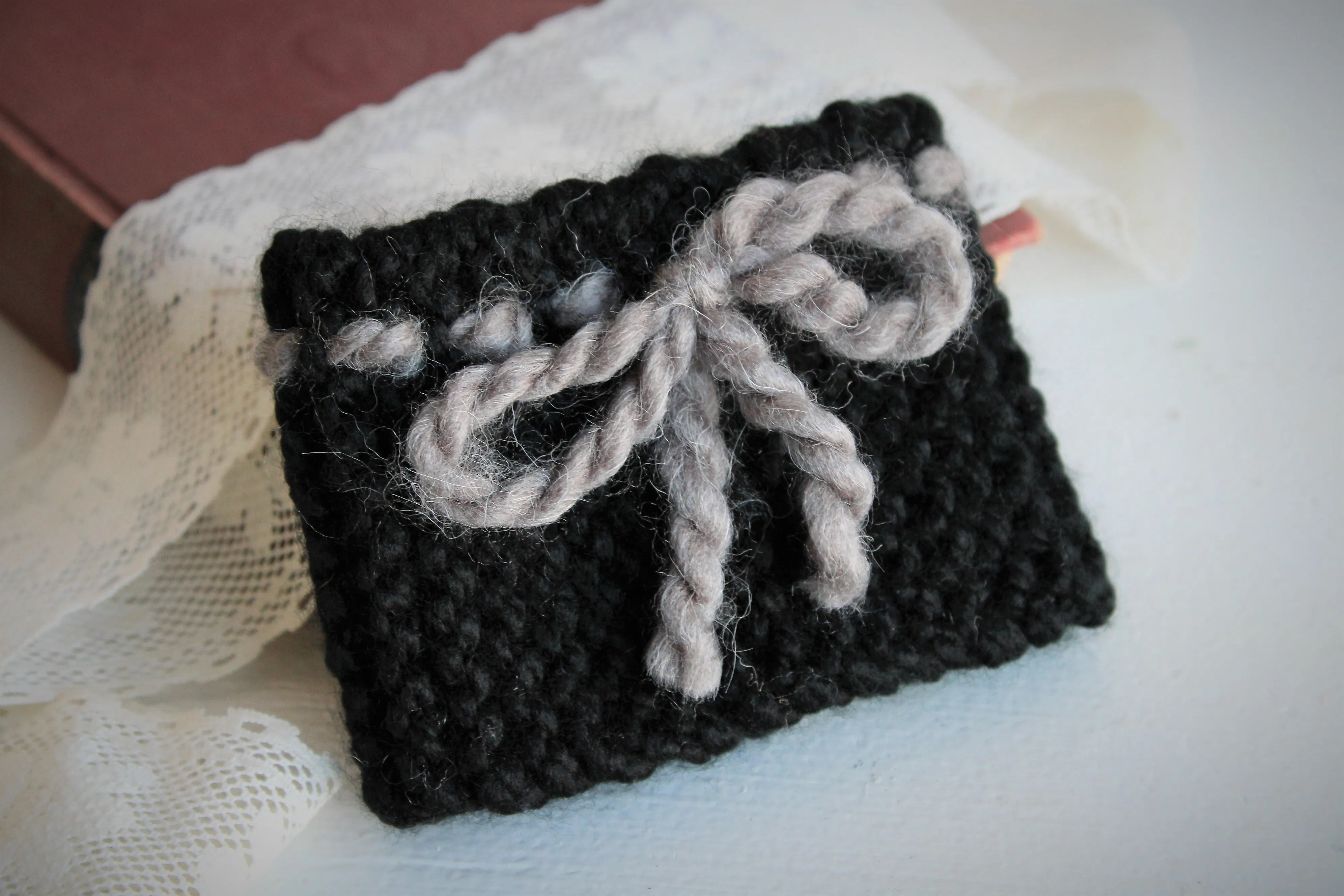 Handknit Mug Cozy with Bow and Buttons, Prototype