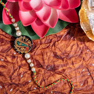 Handmade Designer Semi Precious Hand Painted Tanjore Rakhi with Roli and Chawal for Brother's Blessing