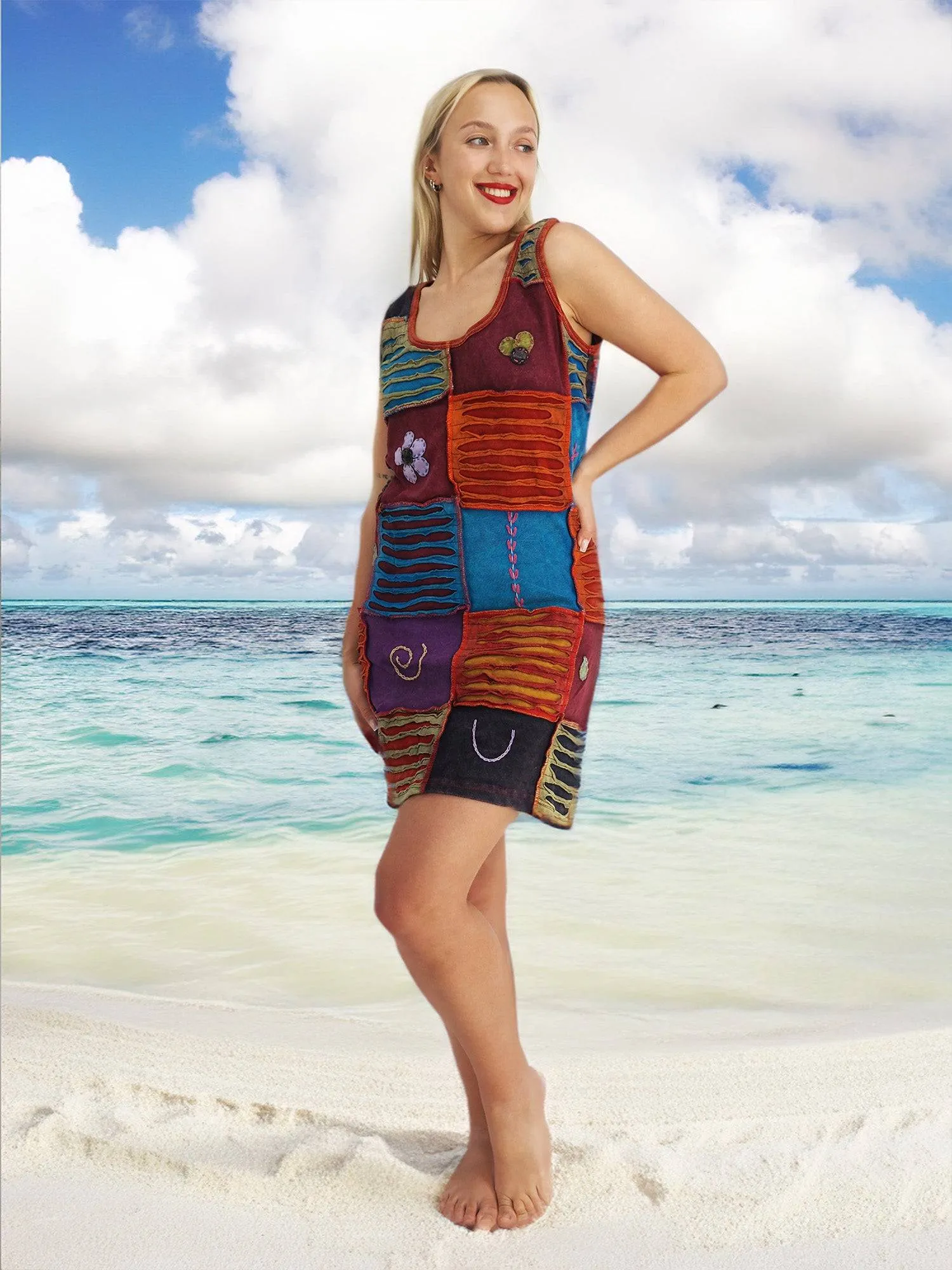 Handmade Patchwork Boho Dress 100% Pre-Washed Cotton Blue Multi Color S-M-L-XL
