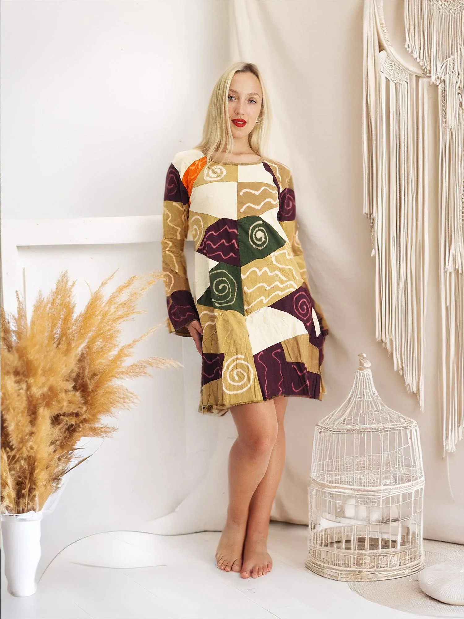 Handmade Patchwork Boho Dress Bell Sleeves 100% Pre-Washed Cotton Brown Beige Tones S-M-L-XL