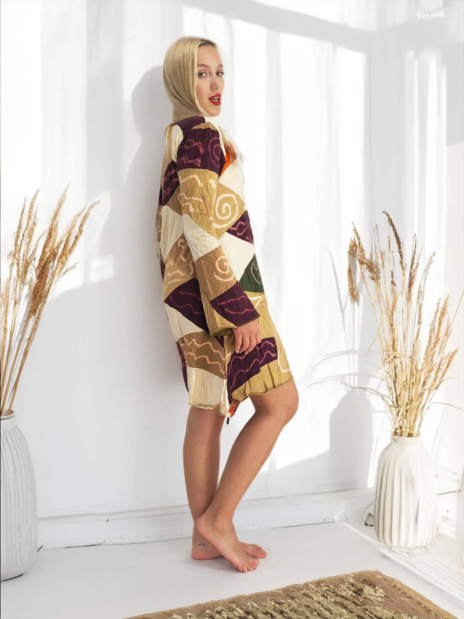 Handmade Patchwork Boho Dress Bell Sleeves 100% Pre-Washed Cotton Brown Beige Tones S-M-L-XL