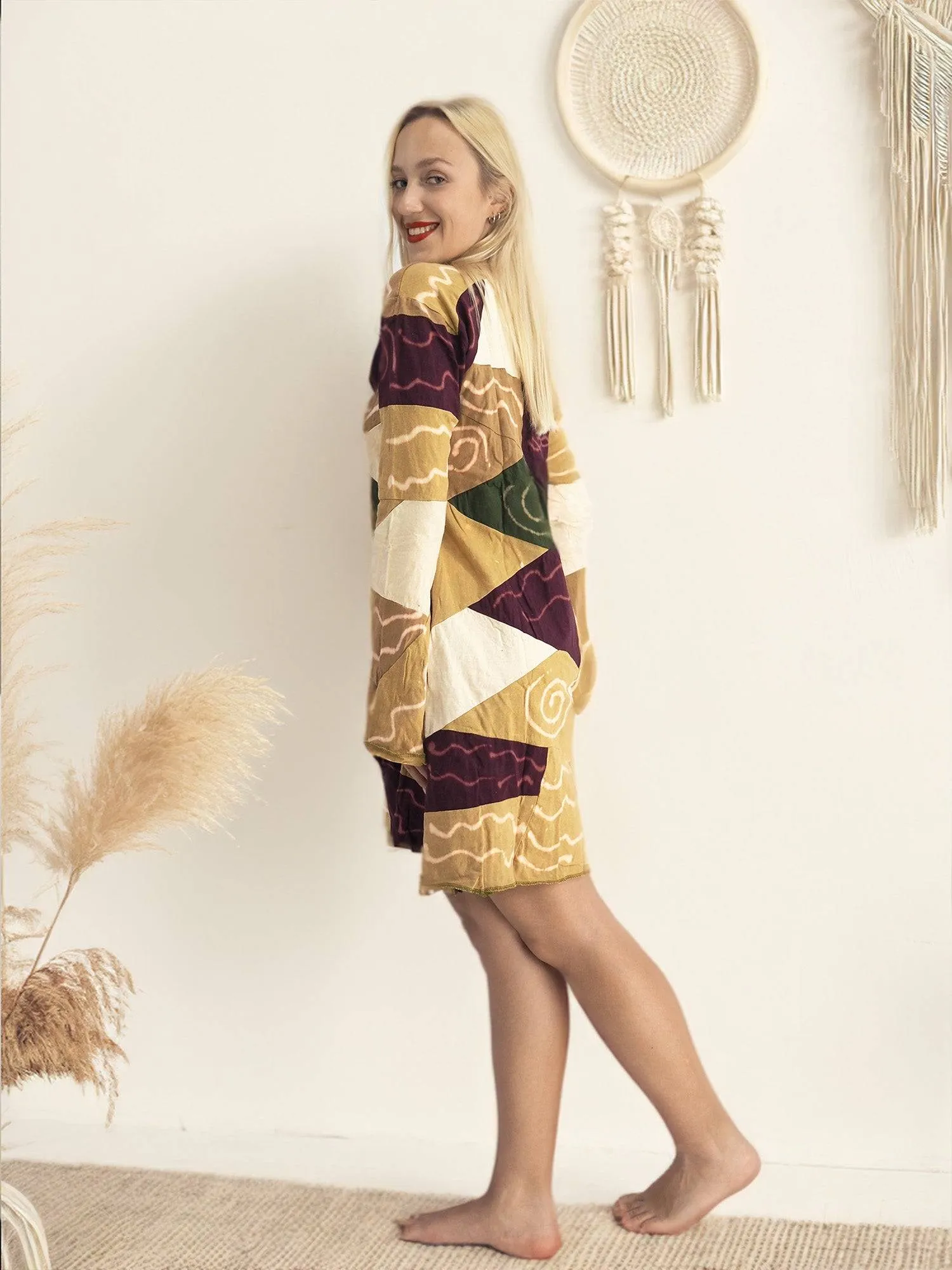 Handmade Patchwork Boho Dress Bell Sleeves 100% Pre-Washed Cotton Brown Beige Tones S-M-L-XL