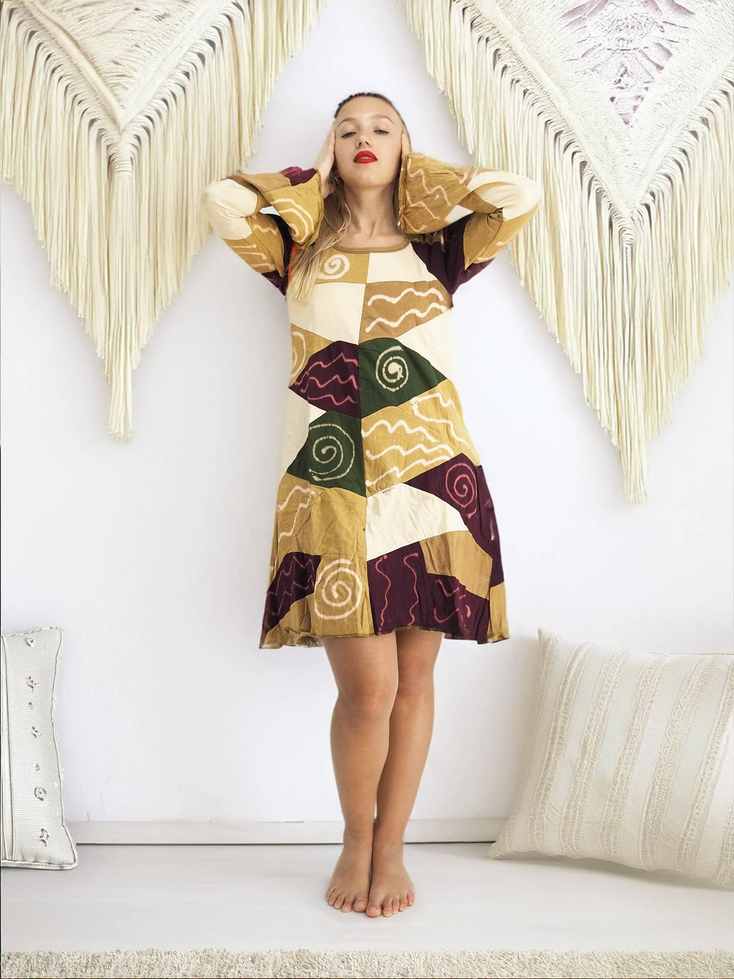 Handmade Patchwork Boho Dress Bell Sleeves 100% Pre-Washed Cotton Brown Beige Tones S-M-L-XL