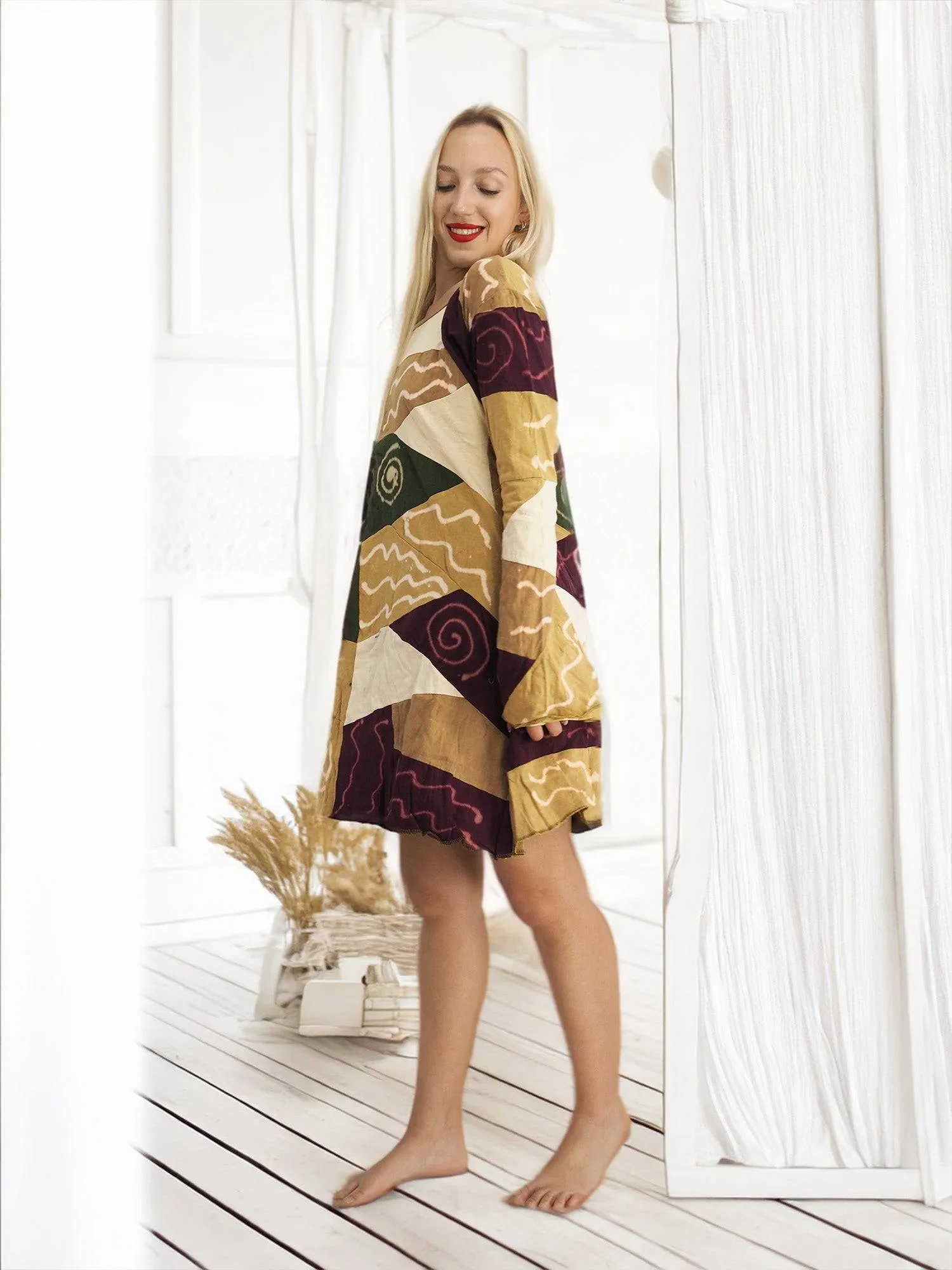 Handmade Patchwork Boho Dress Bell Sleeves 100% Pre-Washed Cotton Brown Beige Tones S-M-L-XL