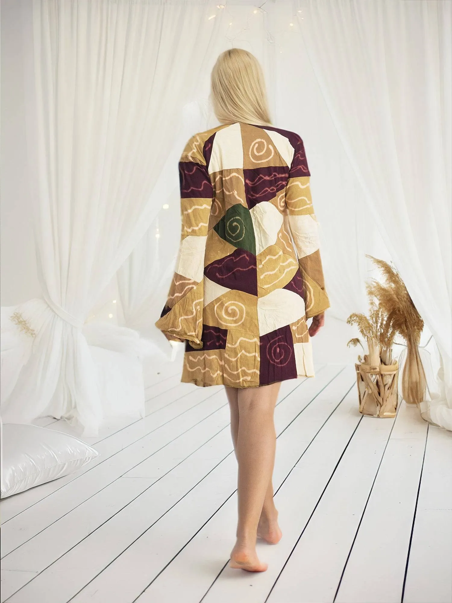 Handmade Patchwork Boho Dress Bell Sleeves 100% Pre-Washed Cotton Brown Beige Tones S-M-L-XL