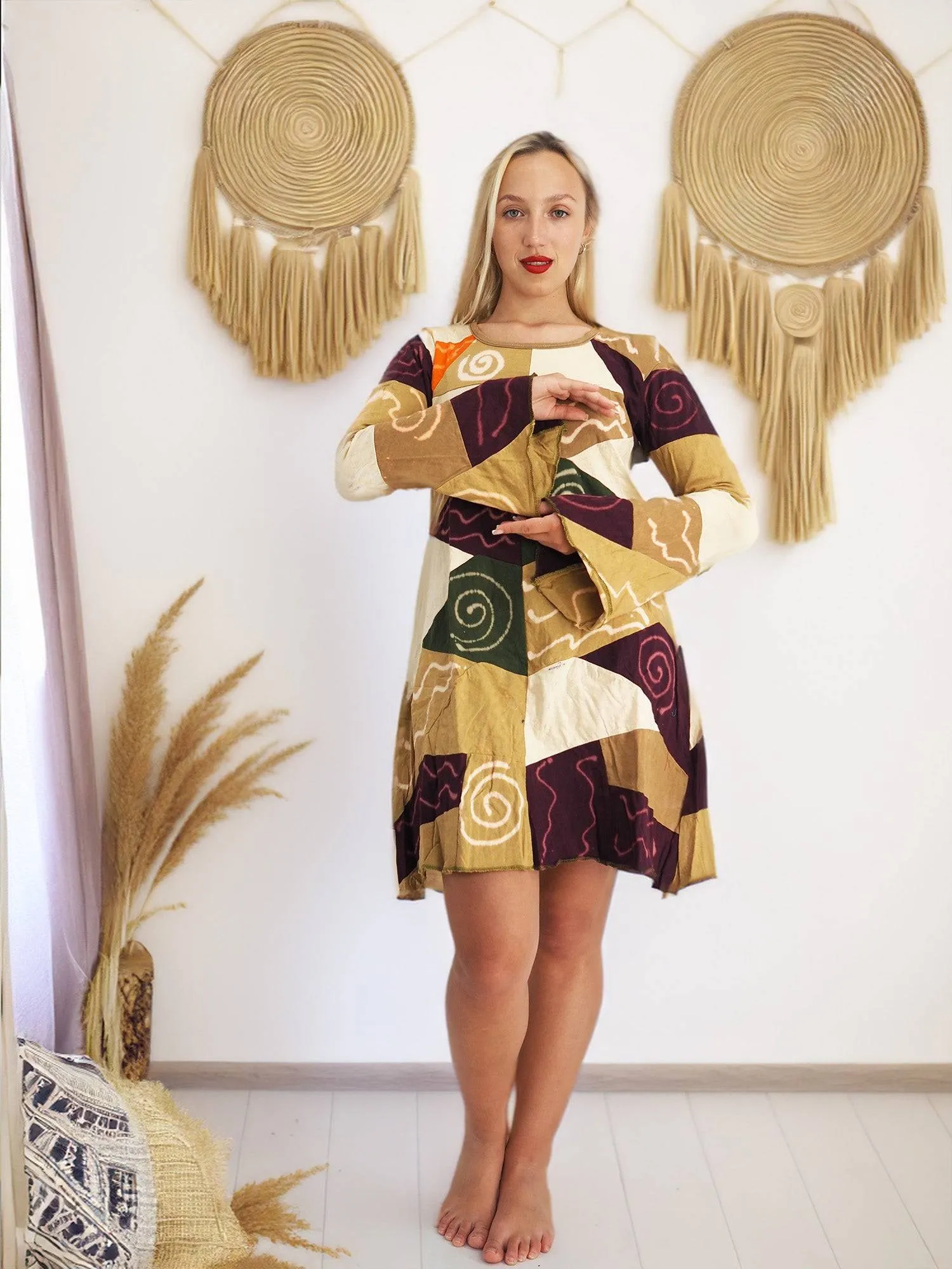 Handmade Patchwork Boho Dress Bell Sleeves 100% Pre-Washed Cotton Brown Beige Tones S-M-L-XL