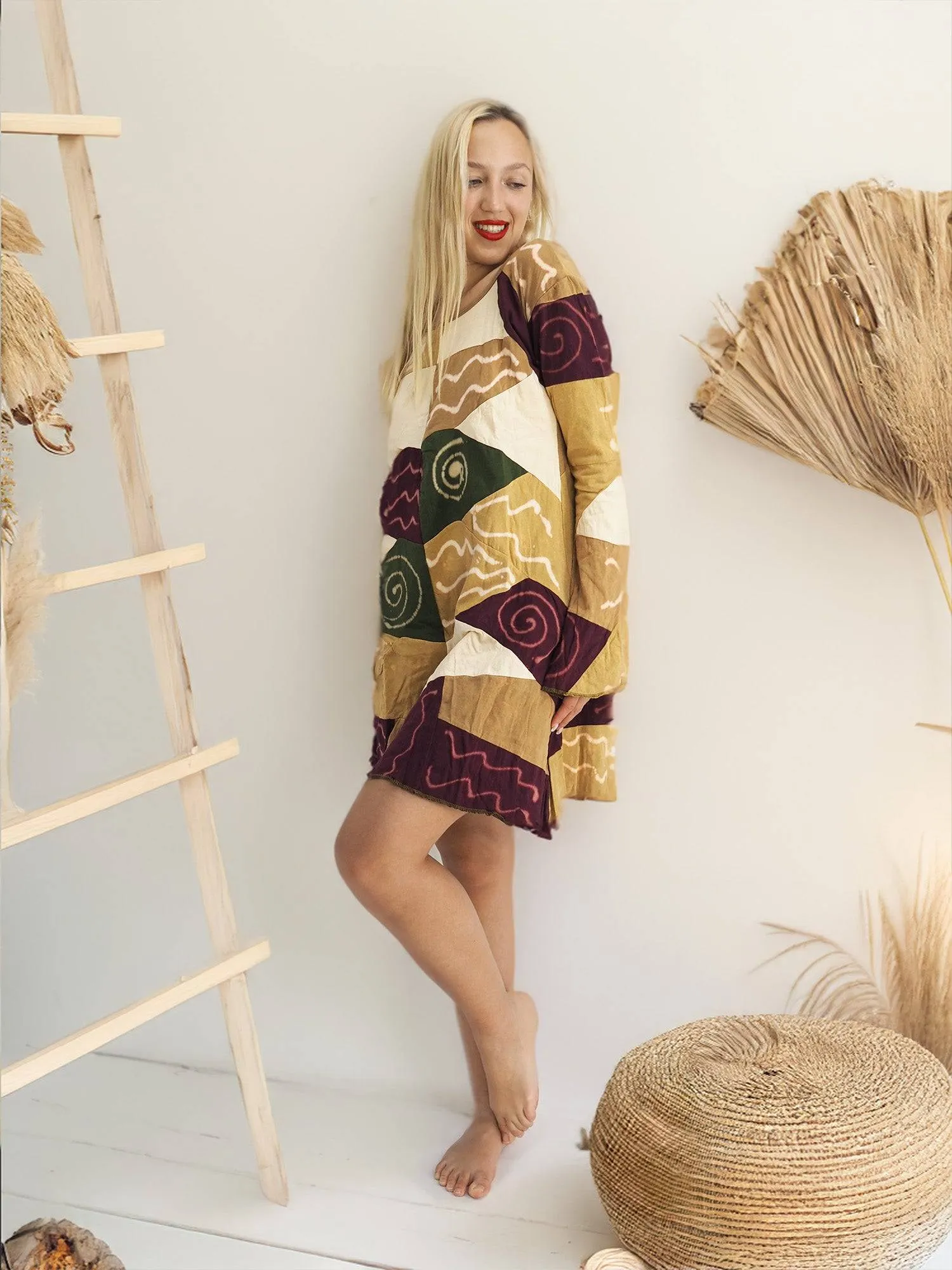 Handmade Patchwork Boho Dress Bell Sleeves 100% Pre-Washed Cotton Brown Beige Tones S-M-L-XL