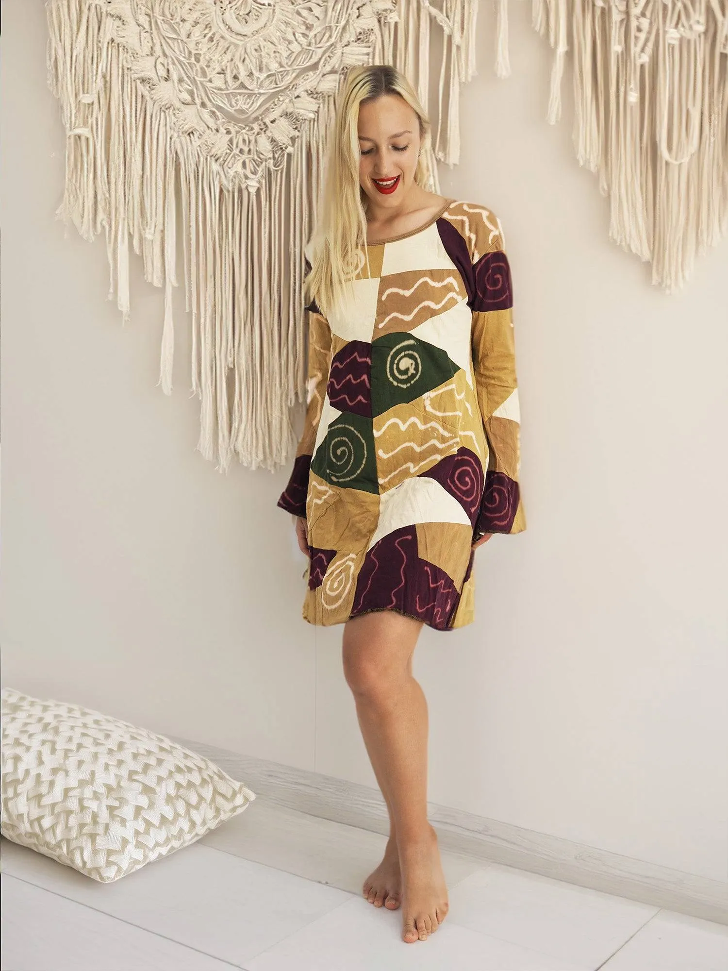 Handmade Patchwork Boho Dress Bell Sleeves 100% Pre-Washed Cotton Brown Beige Tones S-M-L-XL