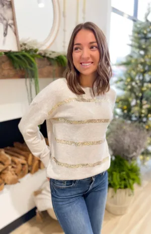 Harlow Oatmeal Knit Top with Gold Sequin