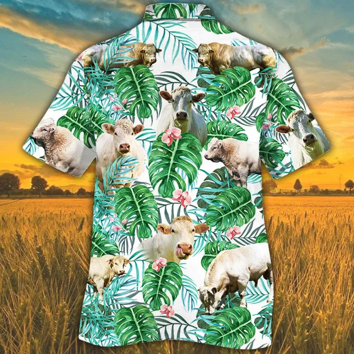 Hawaiian shirt for men, Charolais Cattle Lovers Tropical Plant Hawaiian Shirt, Cow Hawaiian shirt