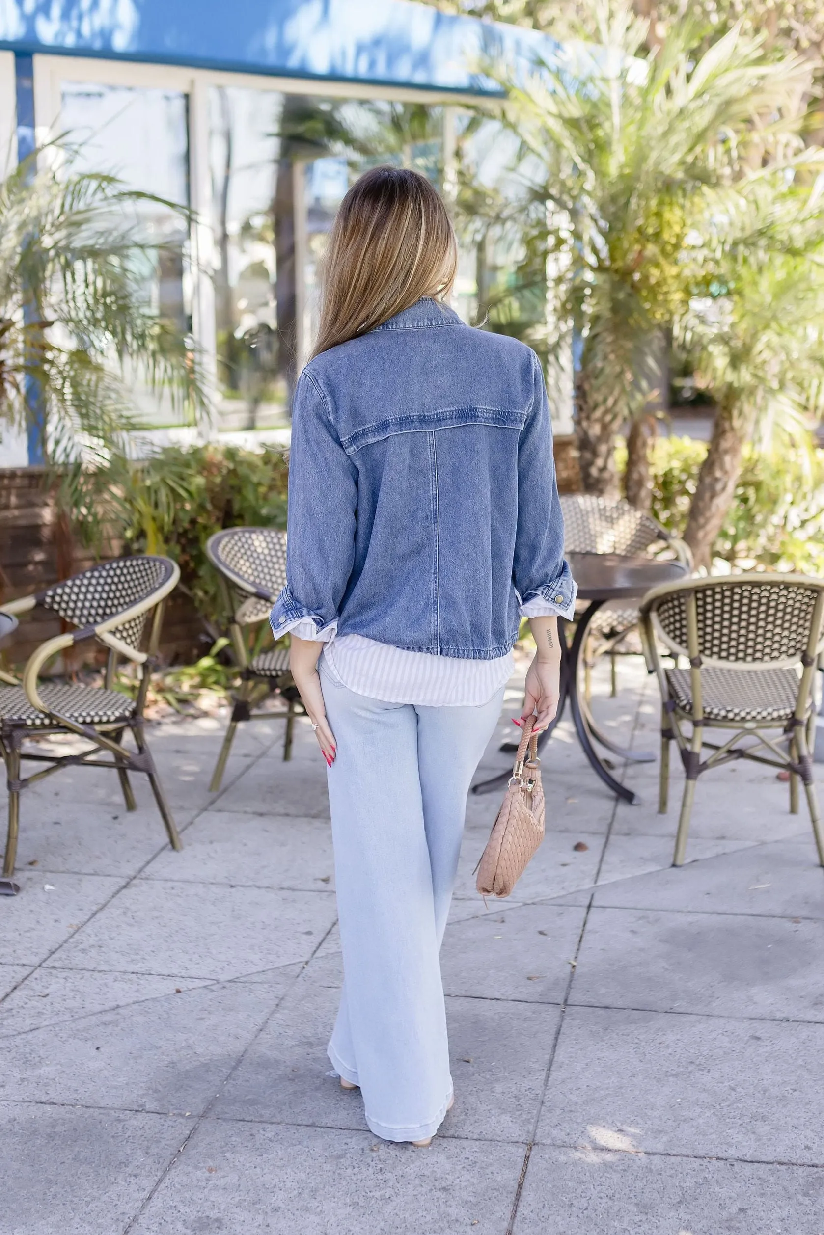 Hazel Long Sleeve Drawstring Utility Denim Jacket Medium Wash