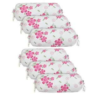 Heart Home Bolster Covers | Soft Cotton Bolster Cover Set | Bolster Pillow Covers | Pink Circle Flower Roll Masand Cover | Long Pillow Case | 16x32 Inch | Pack of 6 | White