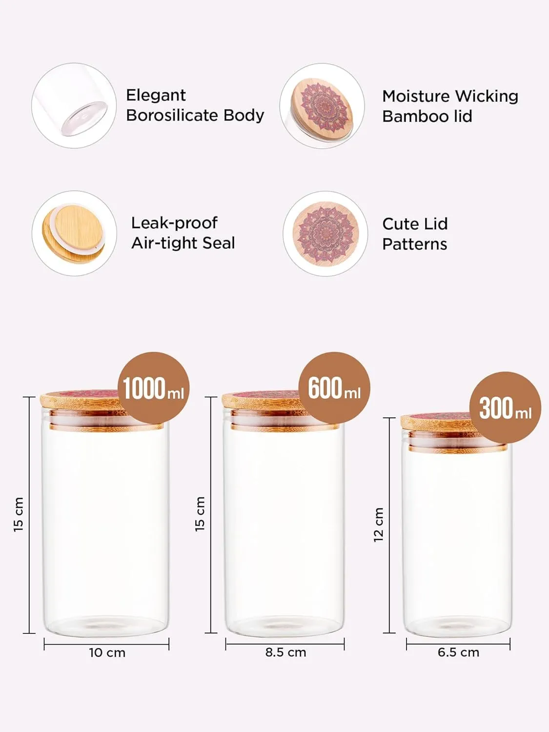 Heart Home Borosilicate Glass Jar with Printed Bamboo Lid | Multi-utility | Leakproof | Airtight Jar for Cookies, Snacks, Tea, Coffee, Sugar |Pack of 3 (300ml, 600ml, 1000ml)