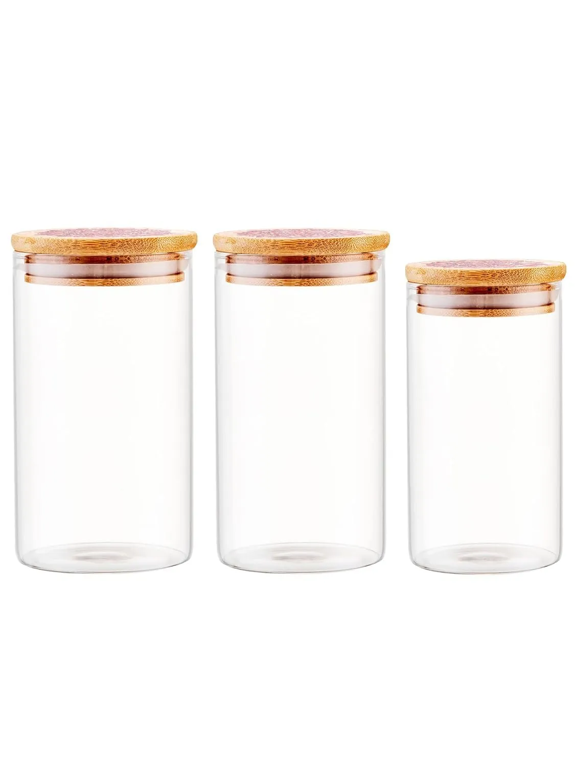 Heart Home Borosilicate Glass Jar with Printed Bamboo Lid | Multi-utility | Leakproof | Airtight Jar for Cookies, Snacks, Tea, Coffee, Sugar |Pack of 3 (300ml, 600ml, 1000ml)
