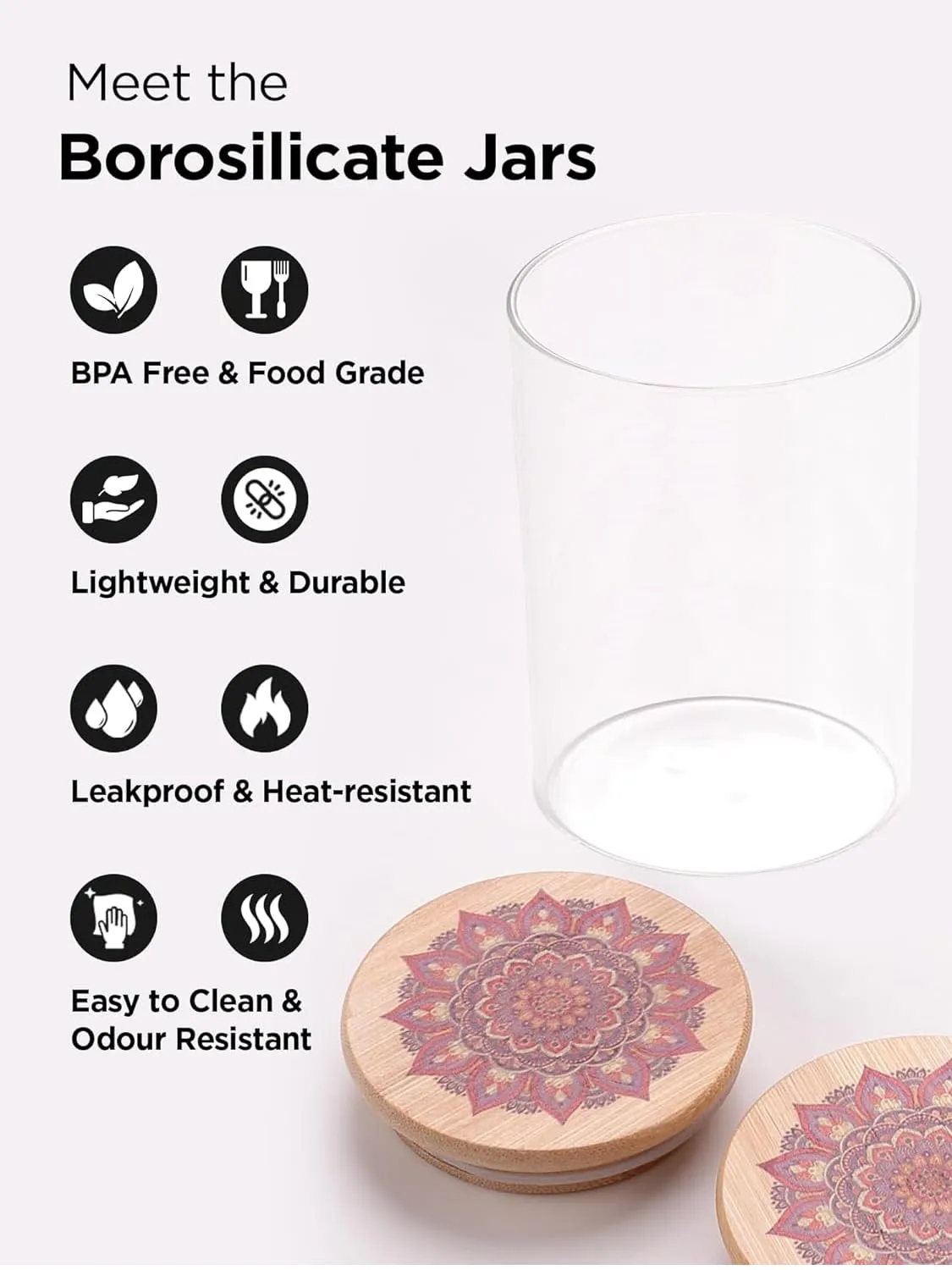 Heart Home Borosilicate Glass Jar with Printed Bamboo Lid | Multi-utility | Leakproof | Airtight Jar for Cookies, Snacks, Tea, Coffee, Sugar |Pack of 3 (300ml, 600ml, 1000ml)