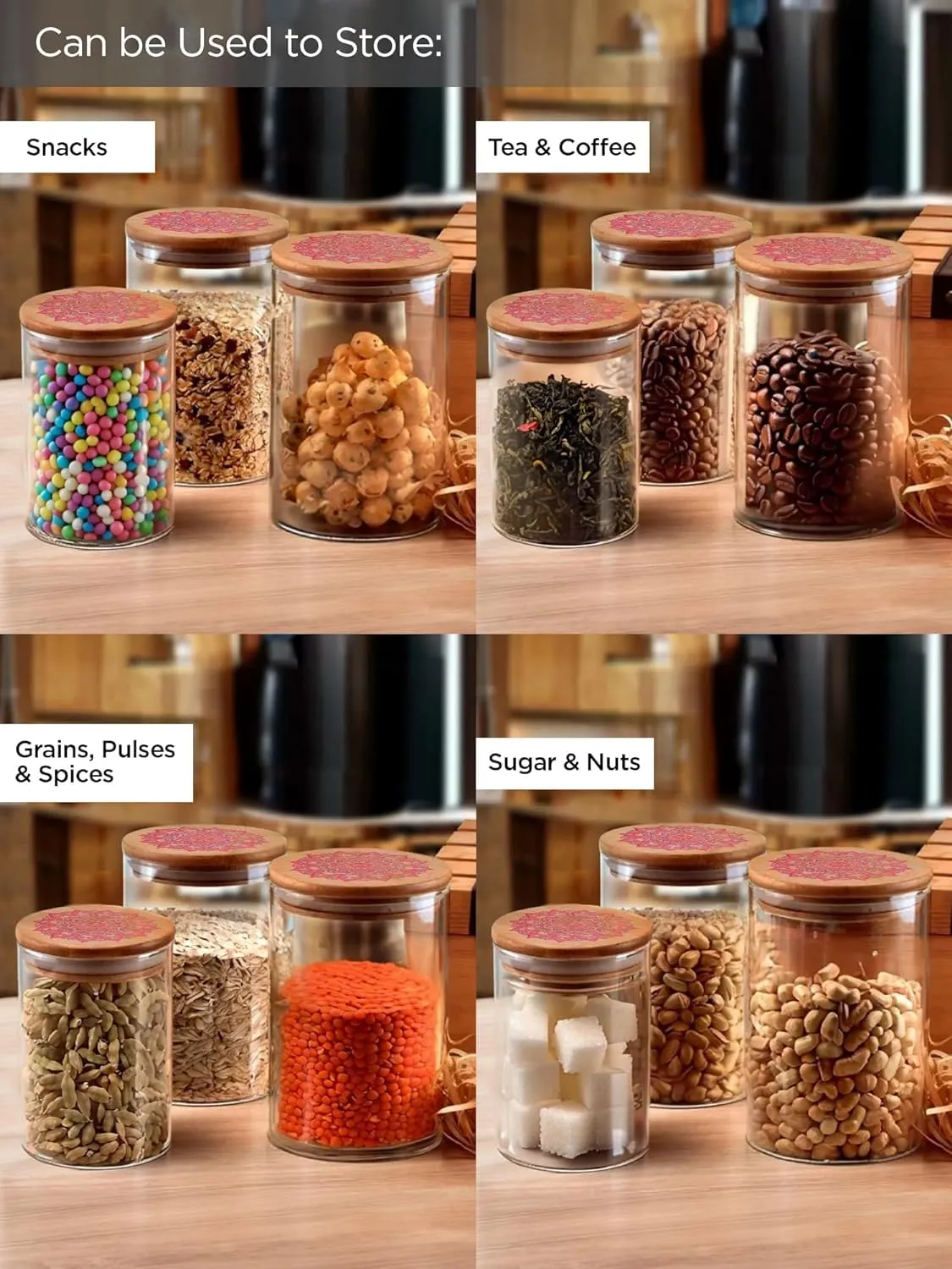 Heart Home Borosilicate Glass Jar with Printed Bamboo Lid | Multi-utility | Leakproof | Airtight Jar for Cookies, Snacks, Tea, Coffee, Sugar |Pack of 3 (300ml, 600ml, 1000ml)