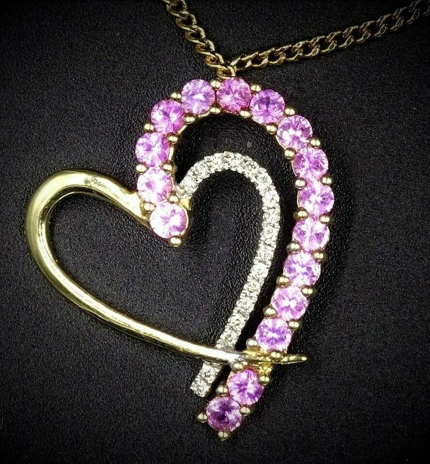 Heart Shaped Pink Sapphire & Diamond 9ct Yellow Gold Pendant