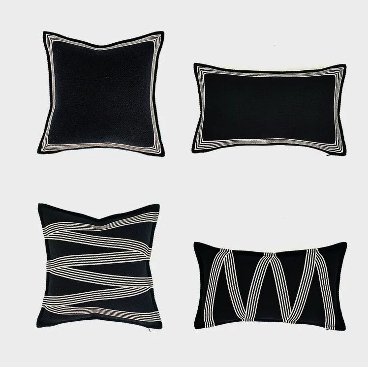 Heavy Linen Black Base and White Stripes Cushions
