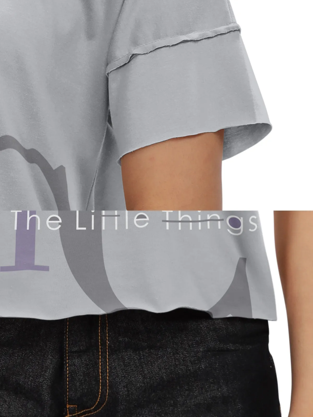 HELLCAT Light Grey Printed Regular Fit Raw Edge Crew Neck Crop T-Shirt for Women