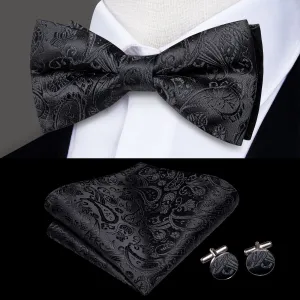 Hi-Tie Black Paisley Silk Pre-tied Mens Bow Tie Hanky Cufflinks Set
