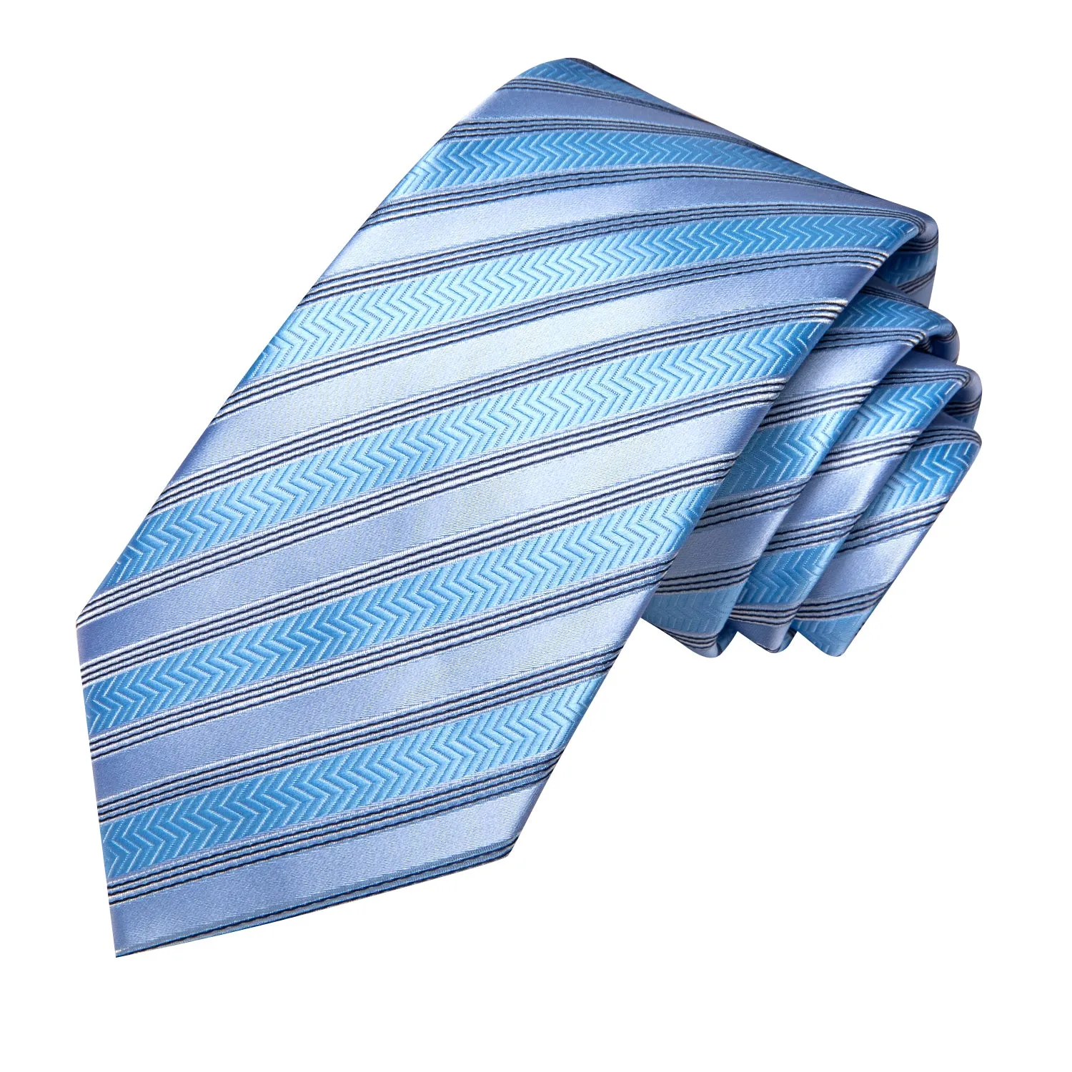 Hi-Tie Blue Tie Light Gray Stripes Necktie Pocket Square Cufflinks Set